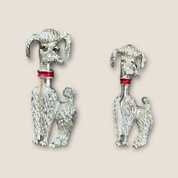 Lot Of 2 Silver Poodle Brooches With Red Collar Details 1.75" & 1.5" Vintage Sty - Picture 1 of 3